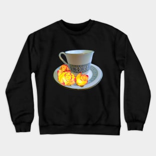 Fancy a cup of tea ? - saying with teacup, saucer and yellow roses with red tips Crewneck Sweatshirt